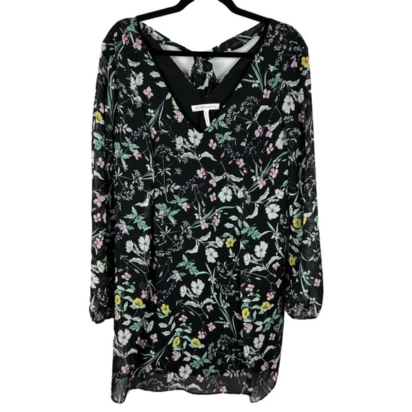 BCBGeneration Floral Chiffon Mini Dress Size XS Black Sheer Sleeve Boho - Picture 3 of 16